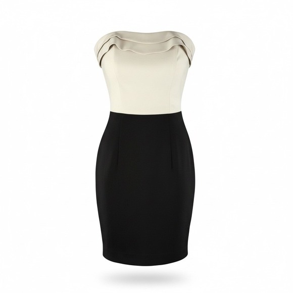 H&M Dresses & Skirts - H&M Black Beige Sheath Pencil Dress Size 8 Strapless Ruffle Collar‎ Color Block